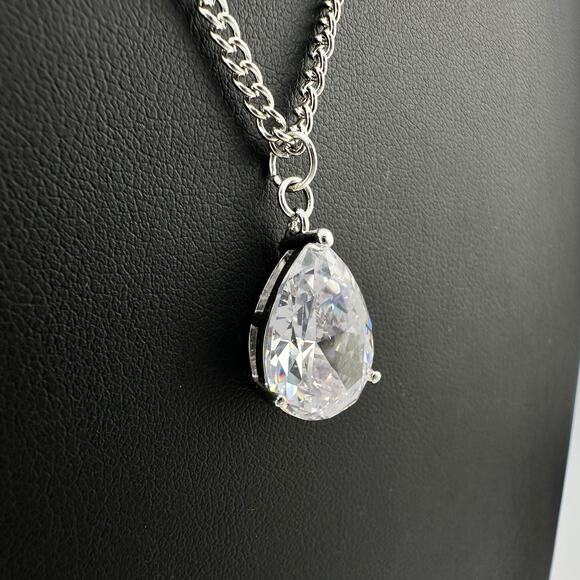 Cubic Zirconia Teardrop Solitaire Prong Set Silver Tone Elegant 18" Necklace - Picture 5 of 8
